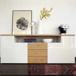 Now! Time By Hülsta Sideboard 73,7x190x45 Lack-weiß/Natureiche/Hochglanz-weiß
