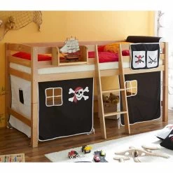 Ticaa Tipsi Hochbett Buche Natur Massivholz - Vorhang-Dessin Wählbar