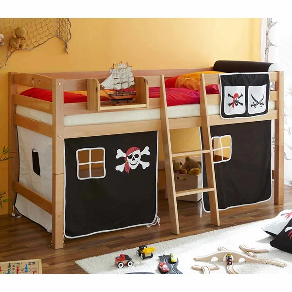 Ticaa Tipsi Hochbett Buche Natur Massivholz - Vorhang-Dessin WĂ€hlbar