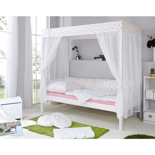 Ticaa Himmelbett Stern Weiß-Rosa Kiefer Weiß Massivholz - 90 X 200 Cm, Inkl. Tüll-Textilien