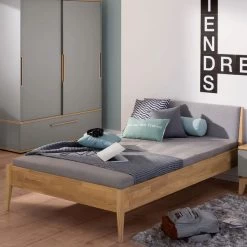 Paidi Sten Traumliege Eiche Massiv Steingrau Gepolstert 140x200 Cm